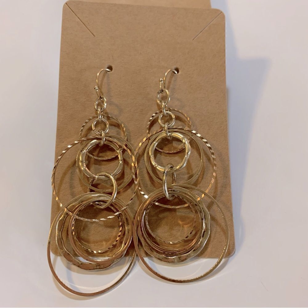 Gold Tone Drop Dangle Layered Circles Pierced Earrings 3”